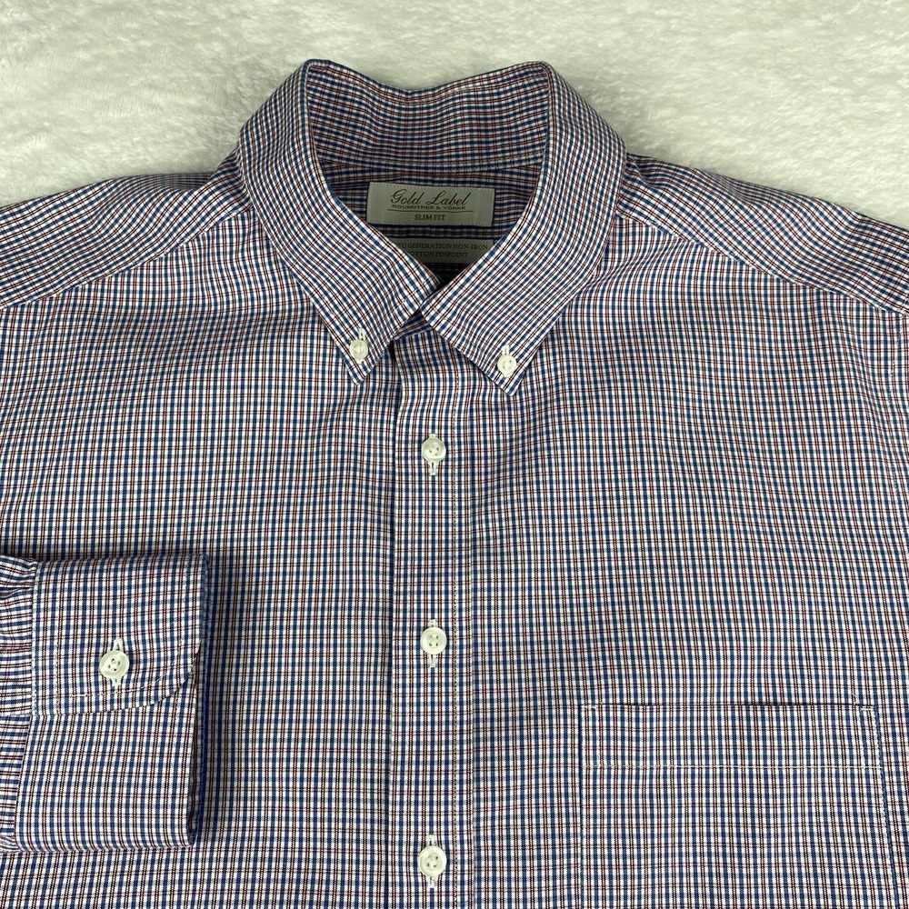 Roundtree & Yorke Gold Label Dress Shirt Mens 16.5-34 Red/White/Blue Checks Slim